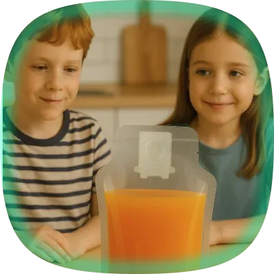 Children looking at a beverage stored in a ValvPack.